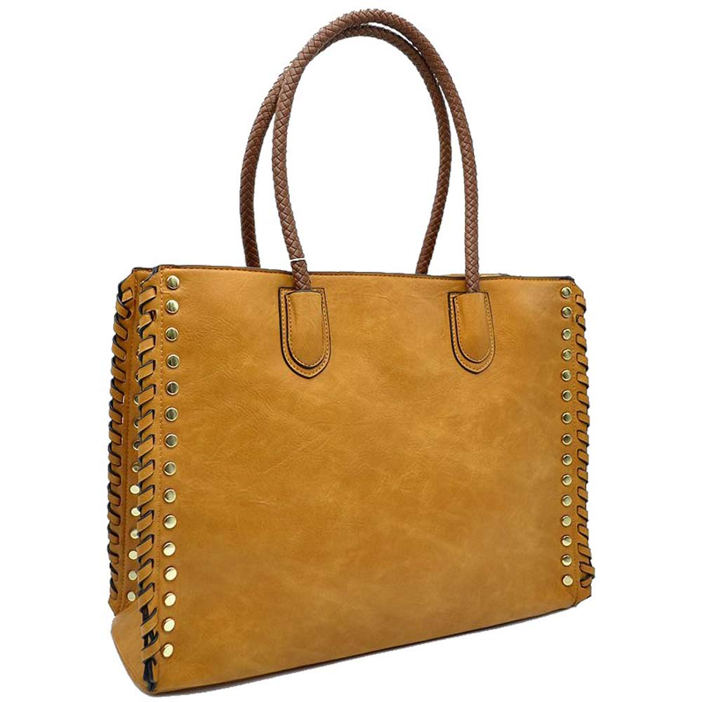 Women's Studded Faux Leather Whipstitch Shoulder Bag Tote