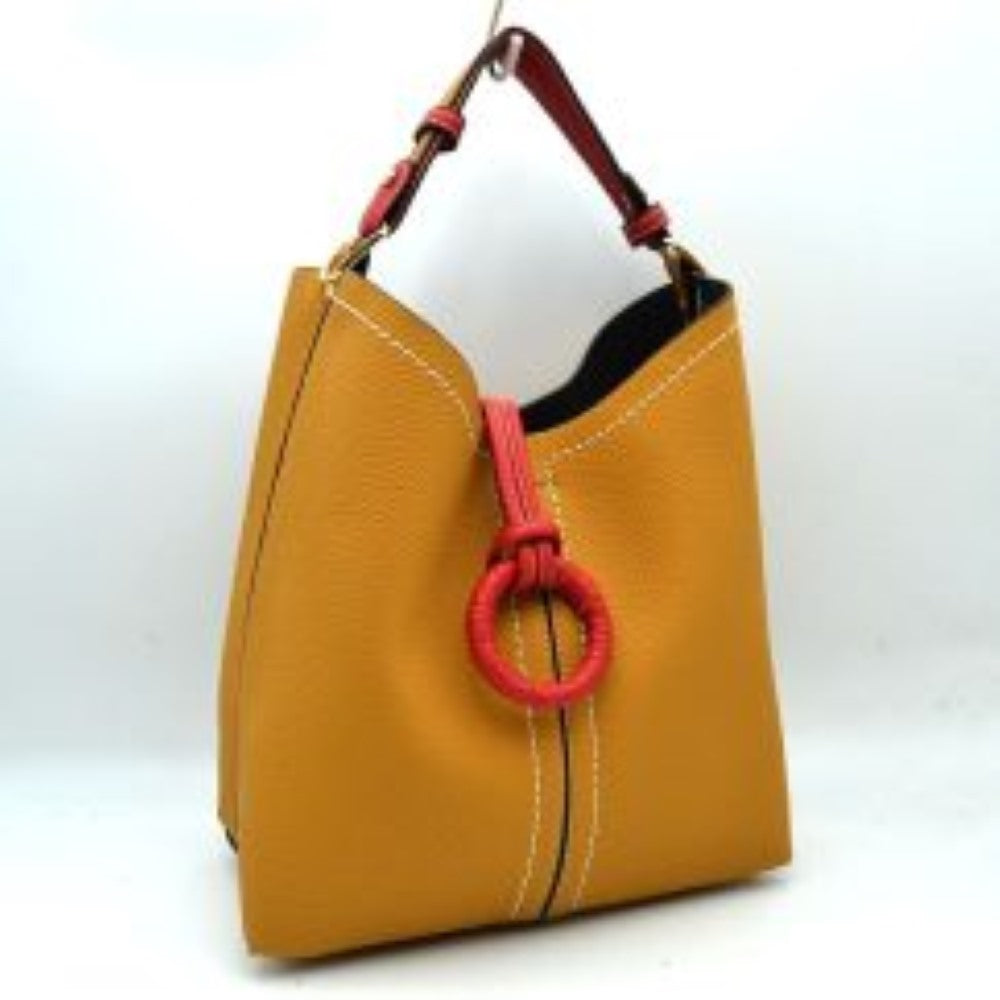 Pebbled Bucket Bag with Contrast Ring Accent and Top Handle