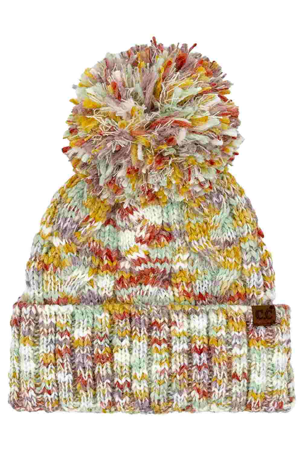 C.C Multi Color Cable Pom Cuff Beanie Winter Hat