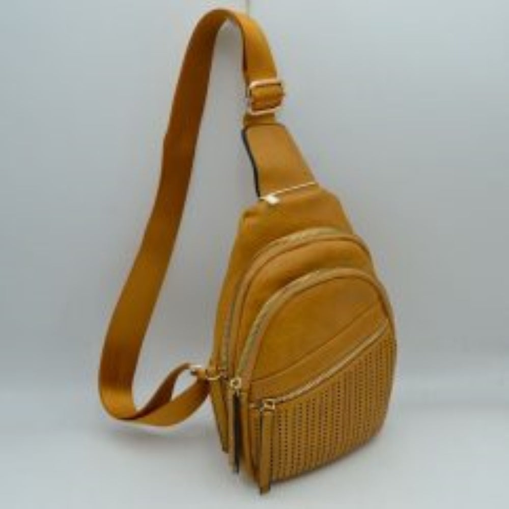 Perforated Crossbody Sling Bag with Triple Zipper Pockets