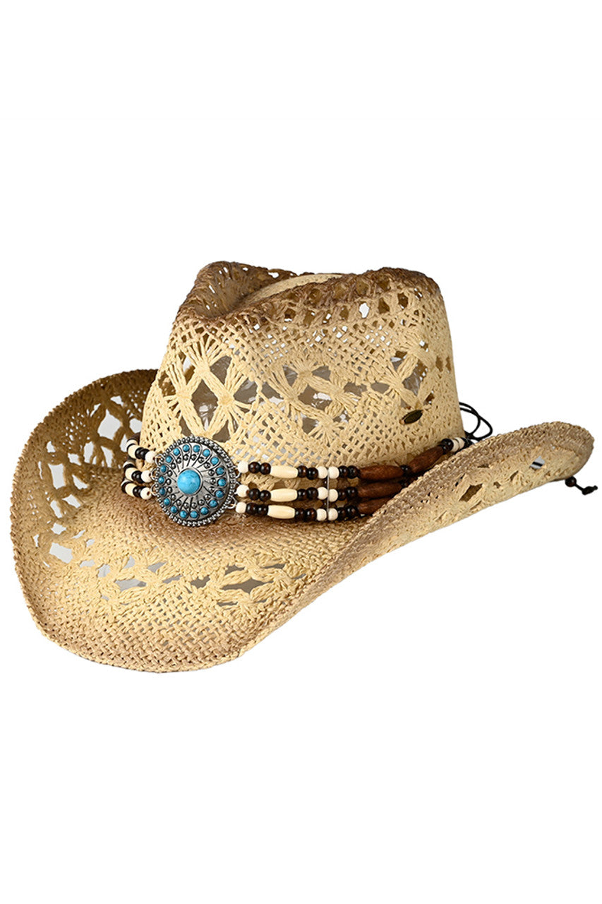 C.C Women's Western Wooden Bead Band Tea-Stain Cowboy Hat