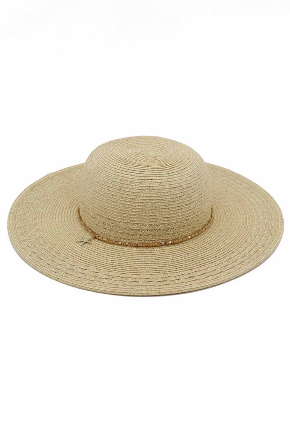 Starfish Charm and Beaded Band Wide Brim Straw Hat