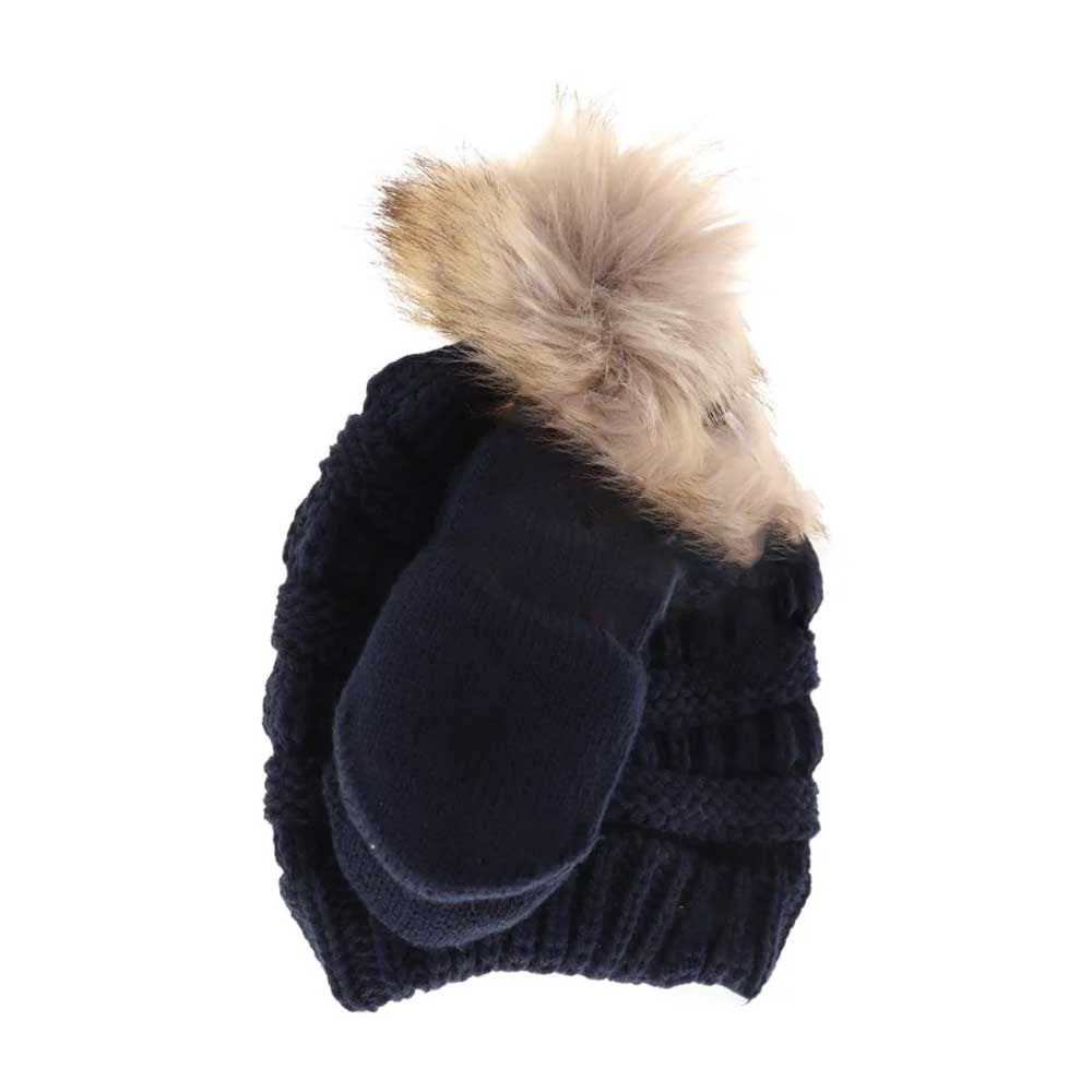 BABY Solid Knit Faux Fur Pom C.C Beanie with Mitten SET