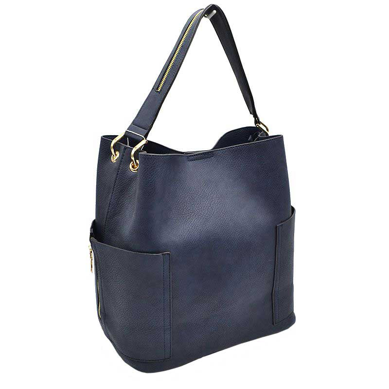 2-in-1 Chic Satchel Side Pocket Bucket Bag with Long Strap