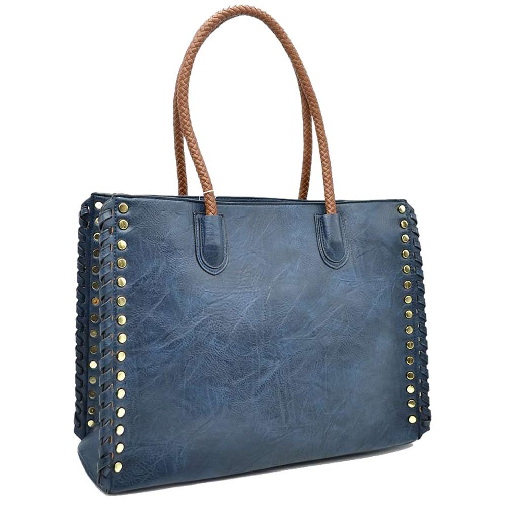 Women's Studded Faux Leather Whipstitch Shoulder Bag Tote