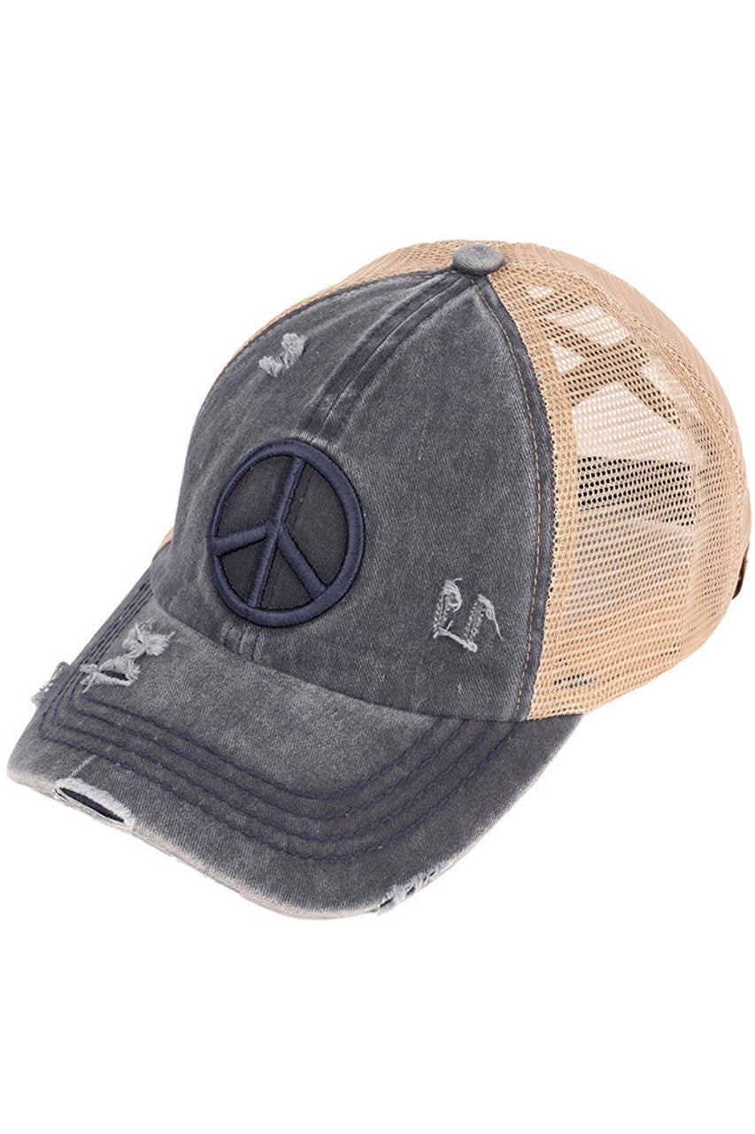 C.C Women's Peace Sign Distressed Ponytail Cap