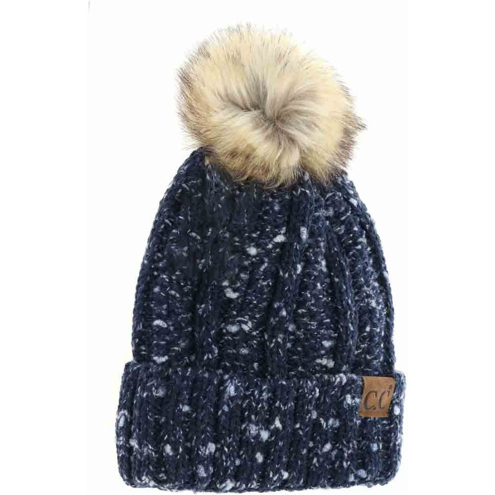 Fuzzy Lined Confetti Knit Fur Pom C.C Beanie