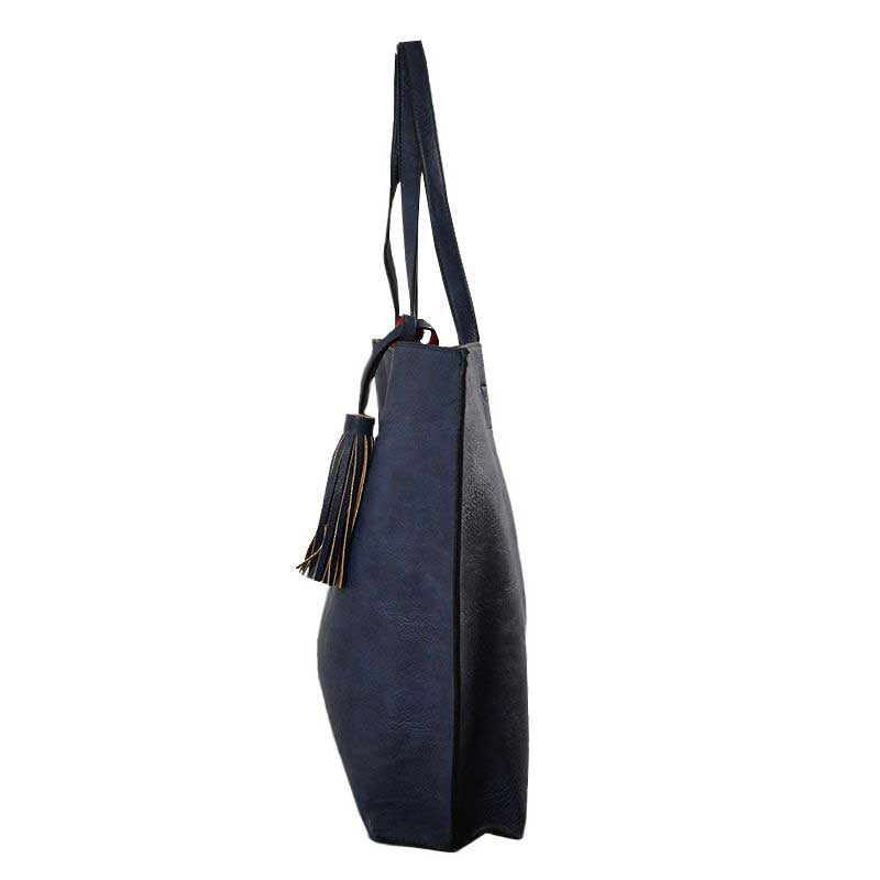 Reversible Faux Leather Tote Bag Vegan Tassel Handbag