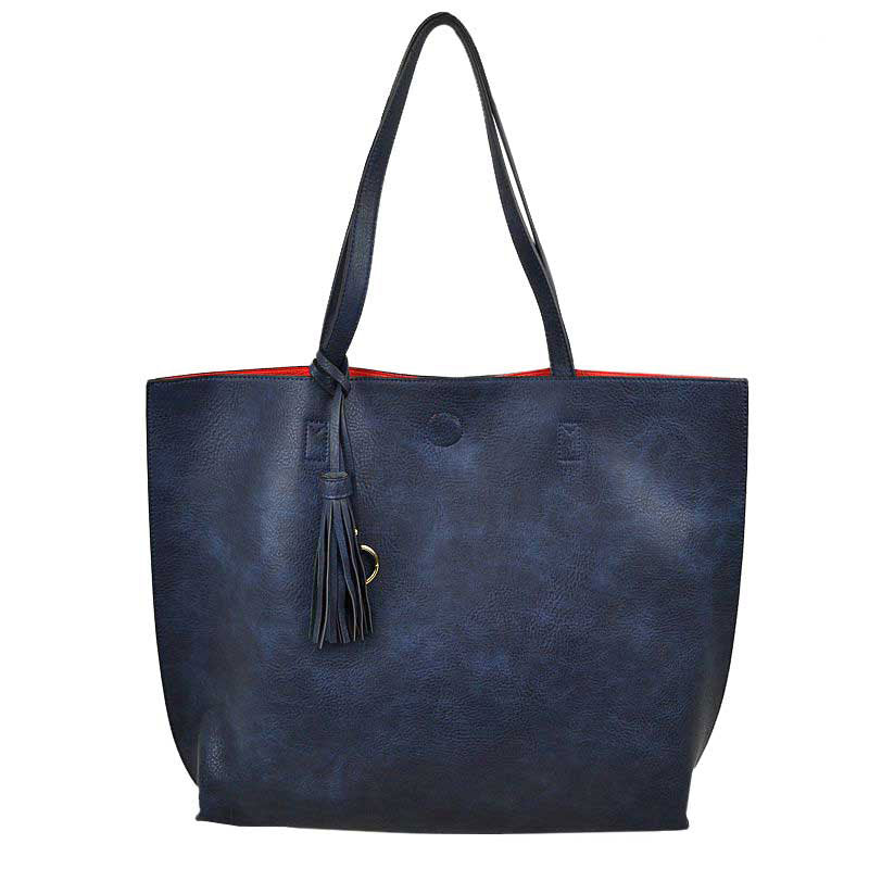 Reversible Faux Leather Tote Bag Vegan Tassel Handbag