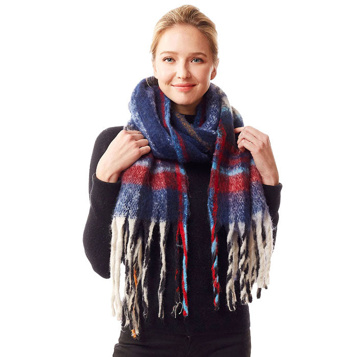 Plaid Check Patterned Soft Fuzzy Knit Oblong Scarf
