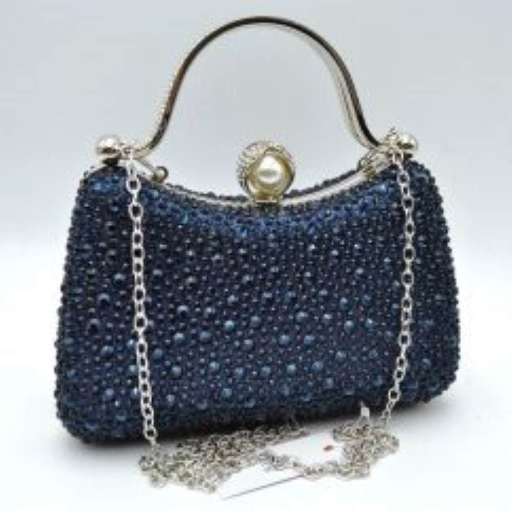 Rhinestone Encrusted Evening Clutch Bag with Pearl Clasp and Metal Handle