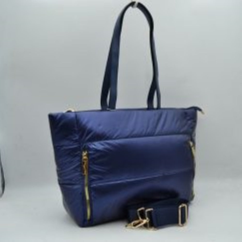 Padded Puffer Tote Bag with Multi-Strap Options and Gold Zippers