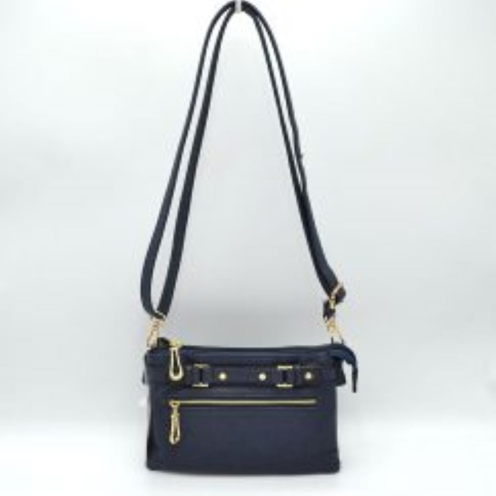 Multi-Zipper Crossbody Bag with Adjustable Strap and Gold Hardware