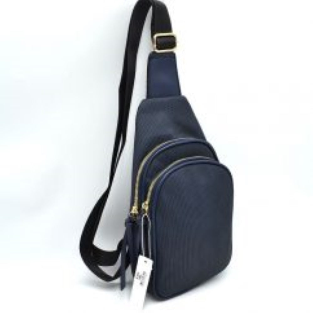 Ribbed Sling Bag with Tiered Zippers and Tassel Pulls