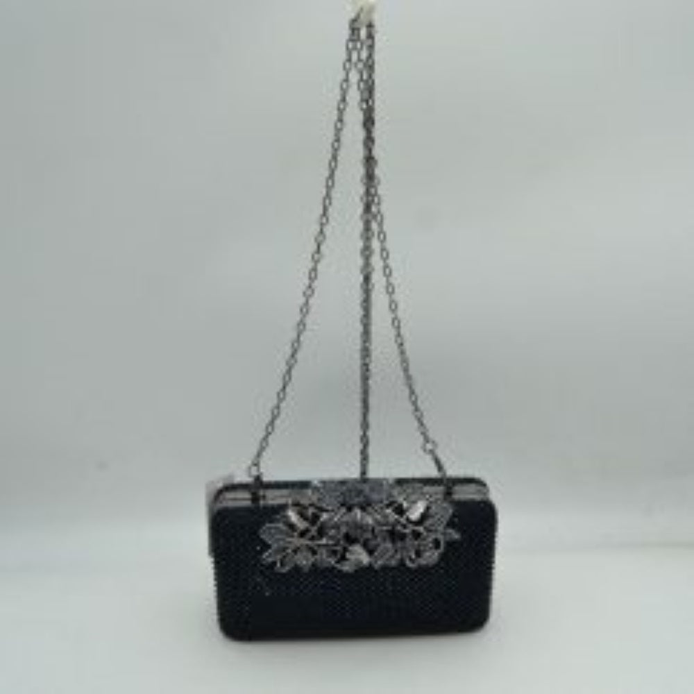 Studded Evening Clutch with Ornate Leaf Clasp Detail