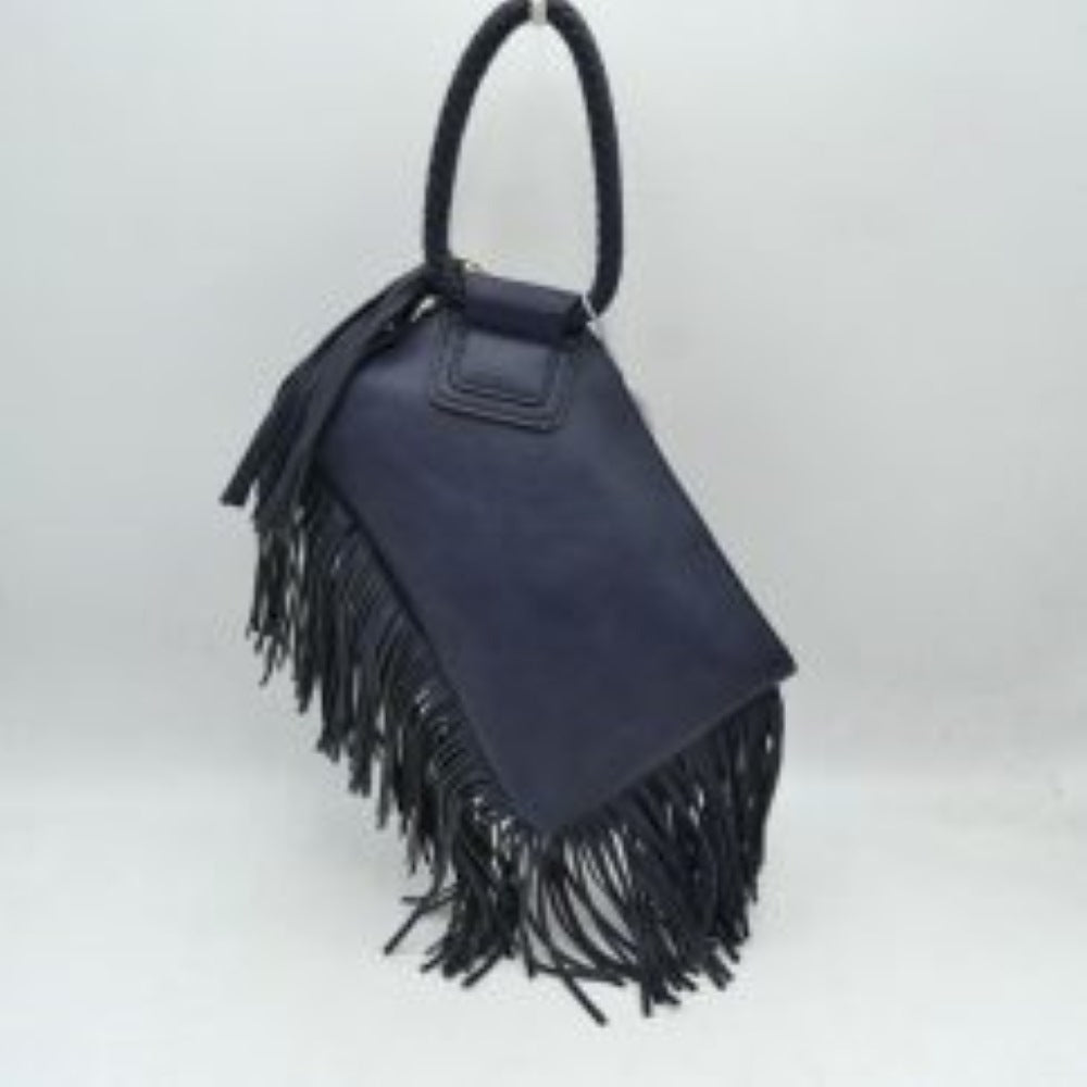 Fringe Accent Clutch Bag with Braided Circular Top Handle