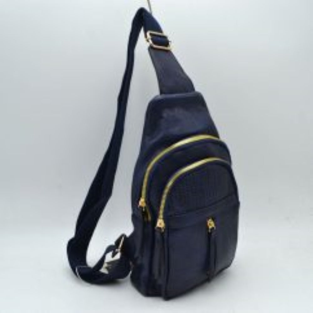 Grained Sling Bag with Perforated Accent and Gold Zippers
