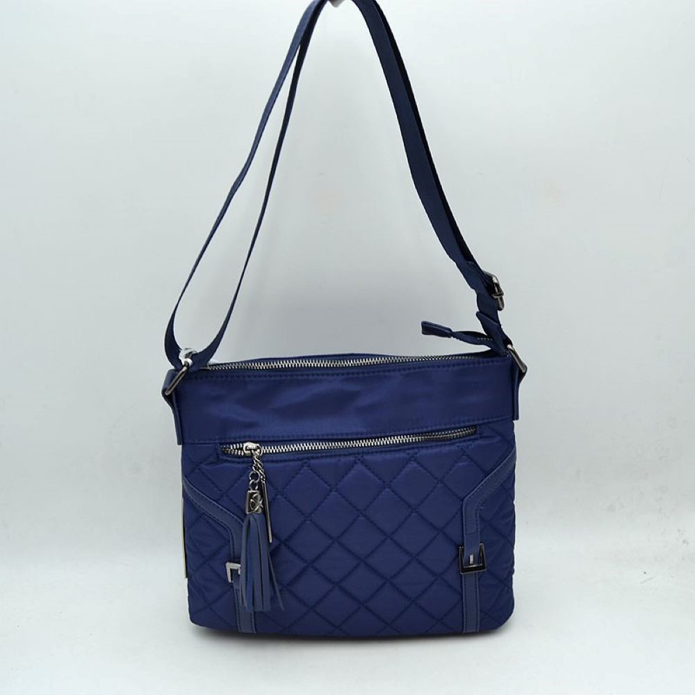 Quilted Nylon Crossbody Bag with Buckle Accents and Tassel Charm