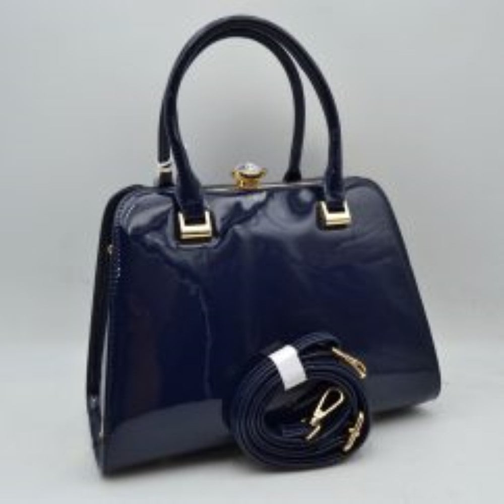 Patent Frame Satchel Handbag with Top Handles and Pearl Clasp