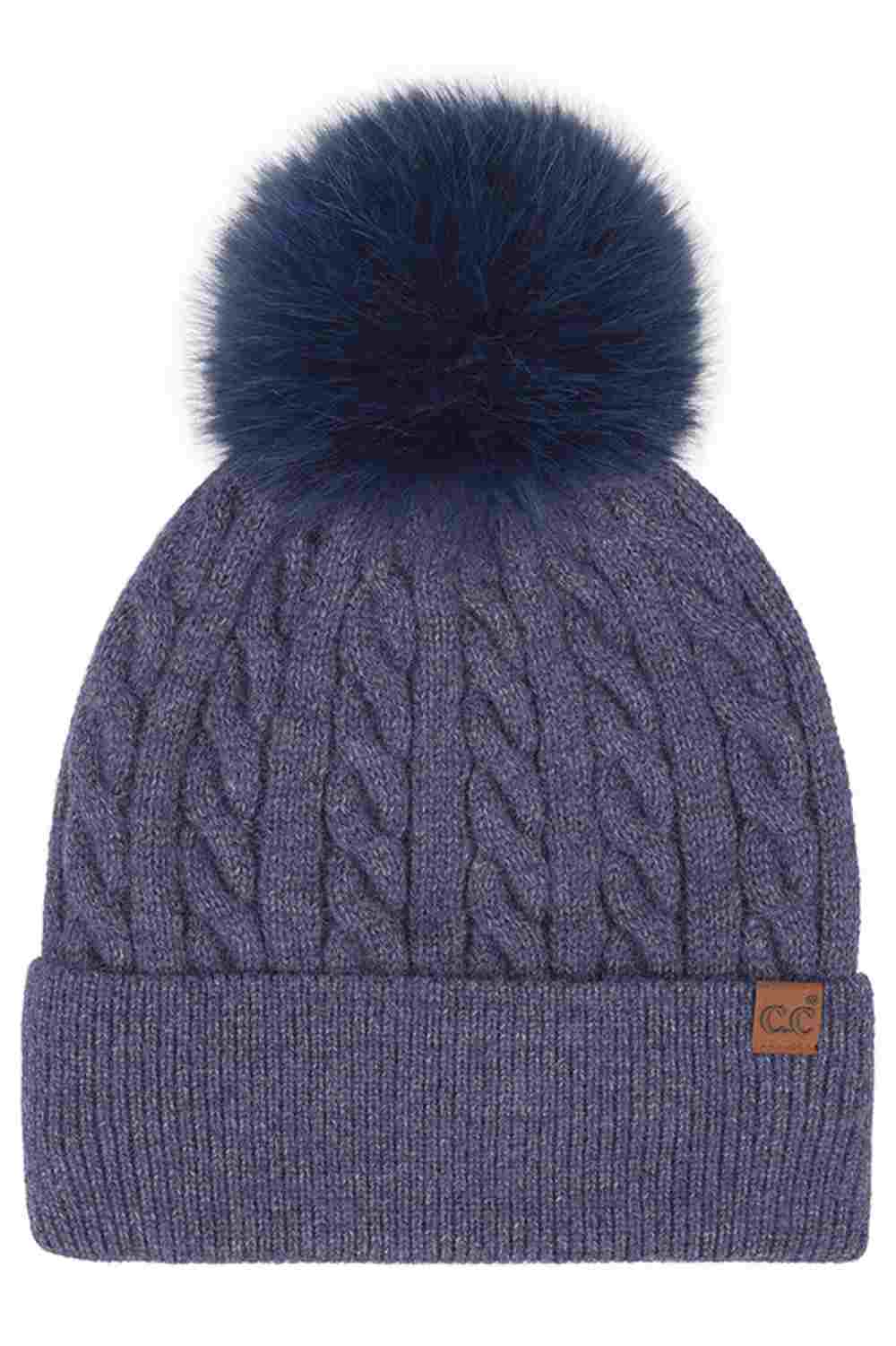 C.C Cable Knit Pattern Pom and Cuff Beanie Hat