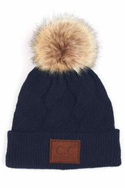 C.C Geometric Cable Knit Beanie With Pom