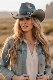 Eagle Buckle, Braided Rope and Stars Distressed Cowboy Hat