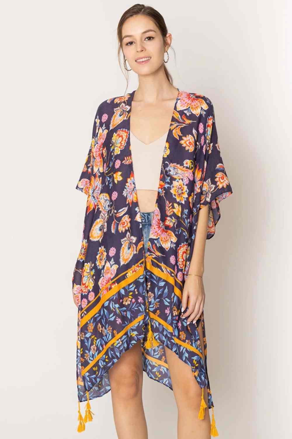 Floral Print Tassel Kimono