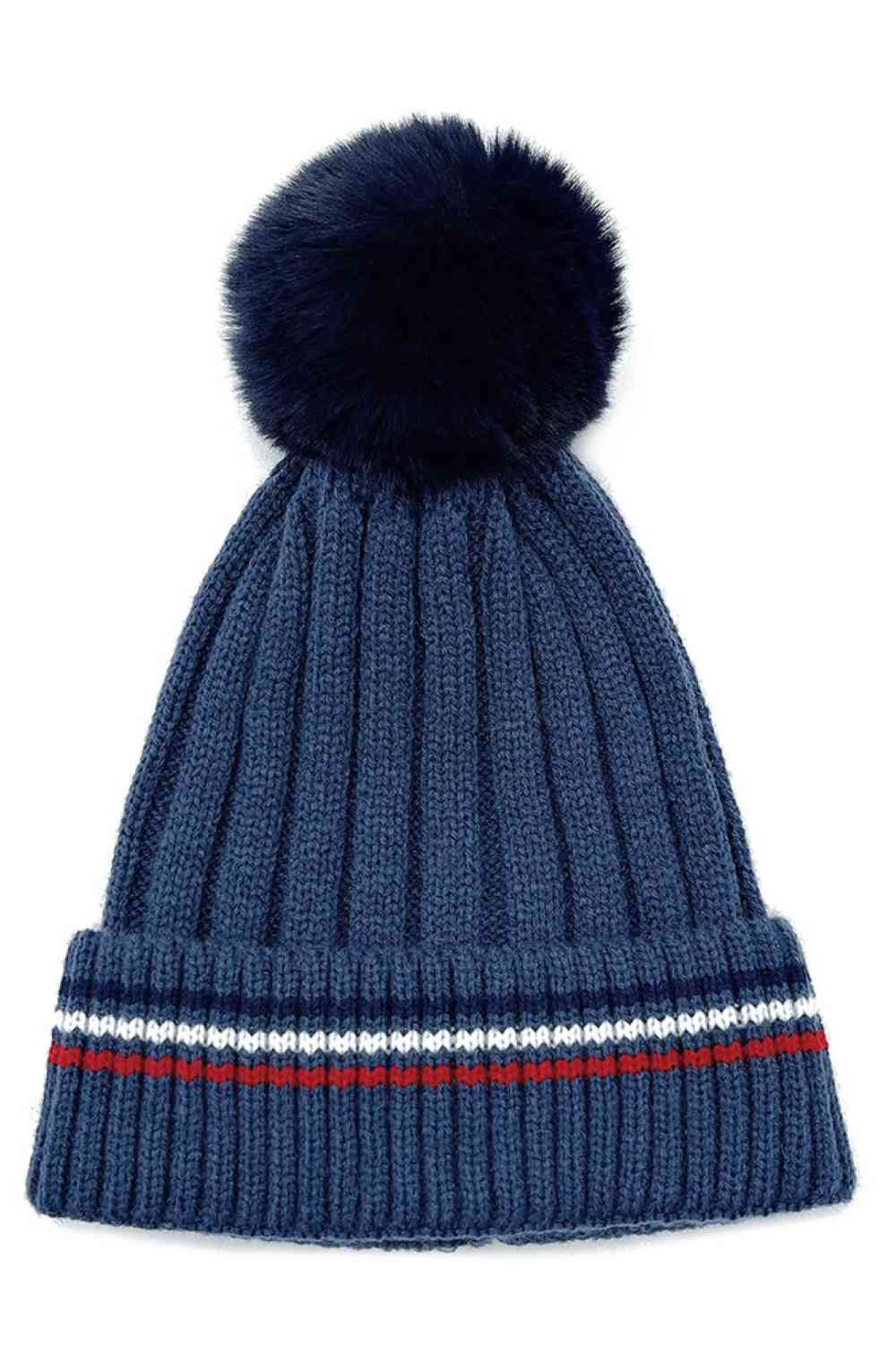 Stripe Rib Super Soft Cuff Beanie with Faux Fur Pom