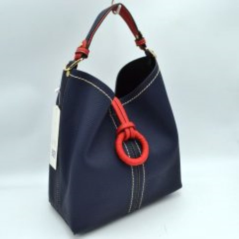Pebbled Bucket Bag with Contrast Ring Accent and Top Handle