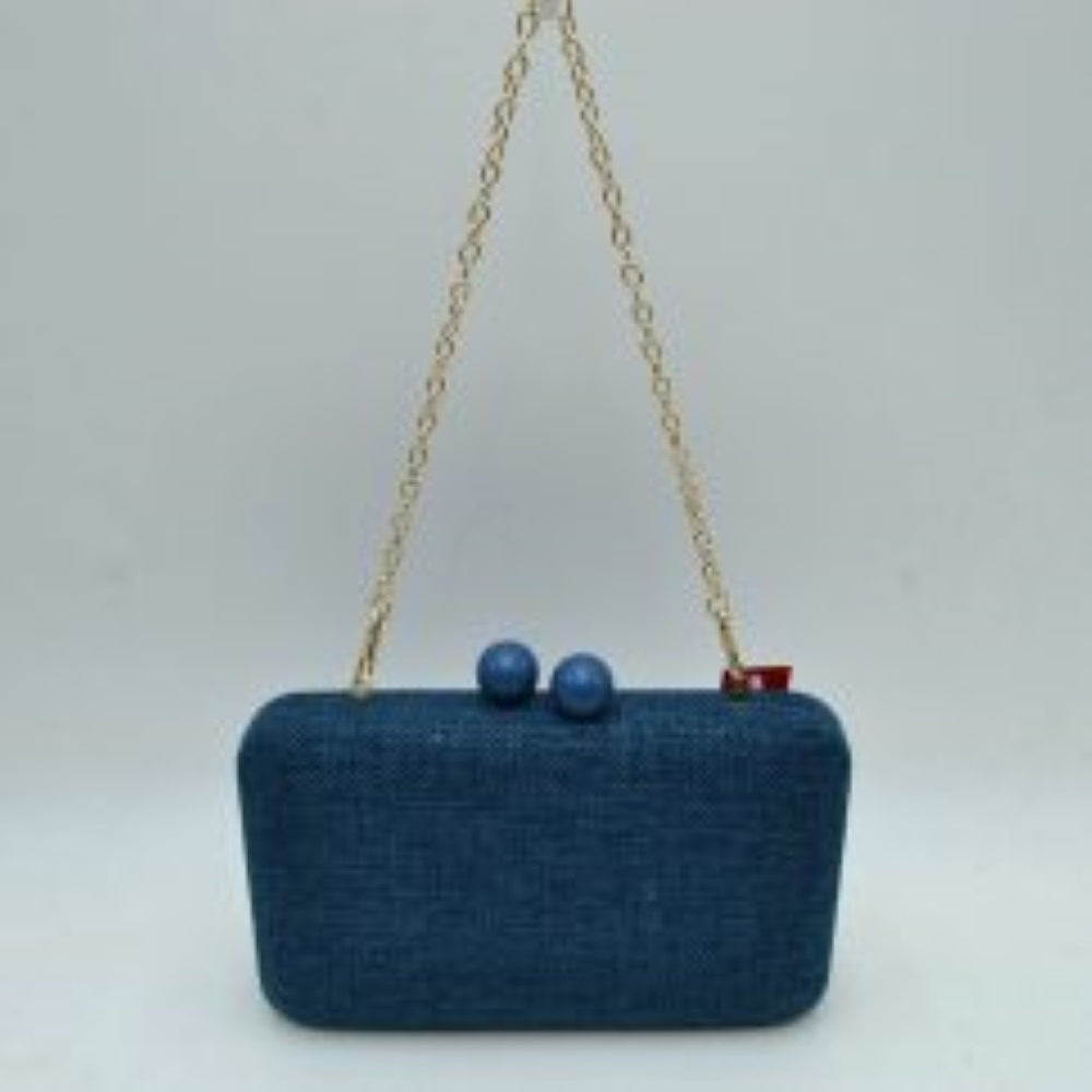 Textured Box Clutch Bag with Double Bead Clasp and Chain Strap