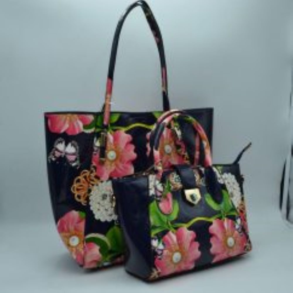 2-Piece Patent Floral Tote Bag and Matching Satchel Set