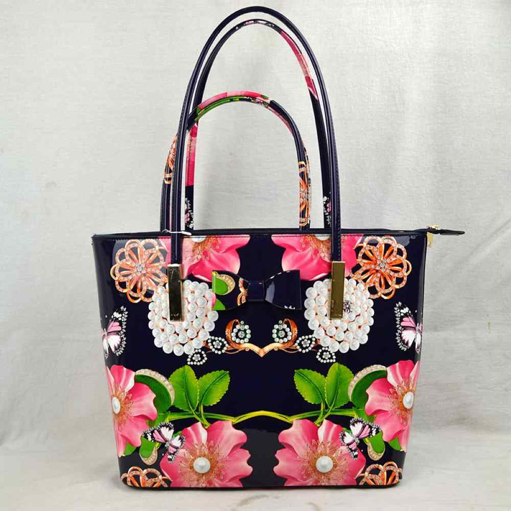 Glossy Patent Floral Tote Bag with Bow Accent and Double Handles