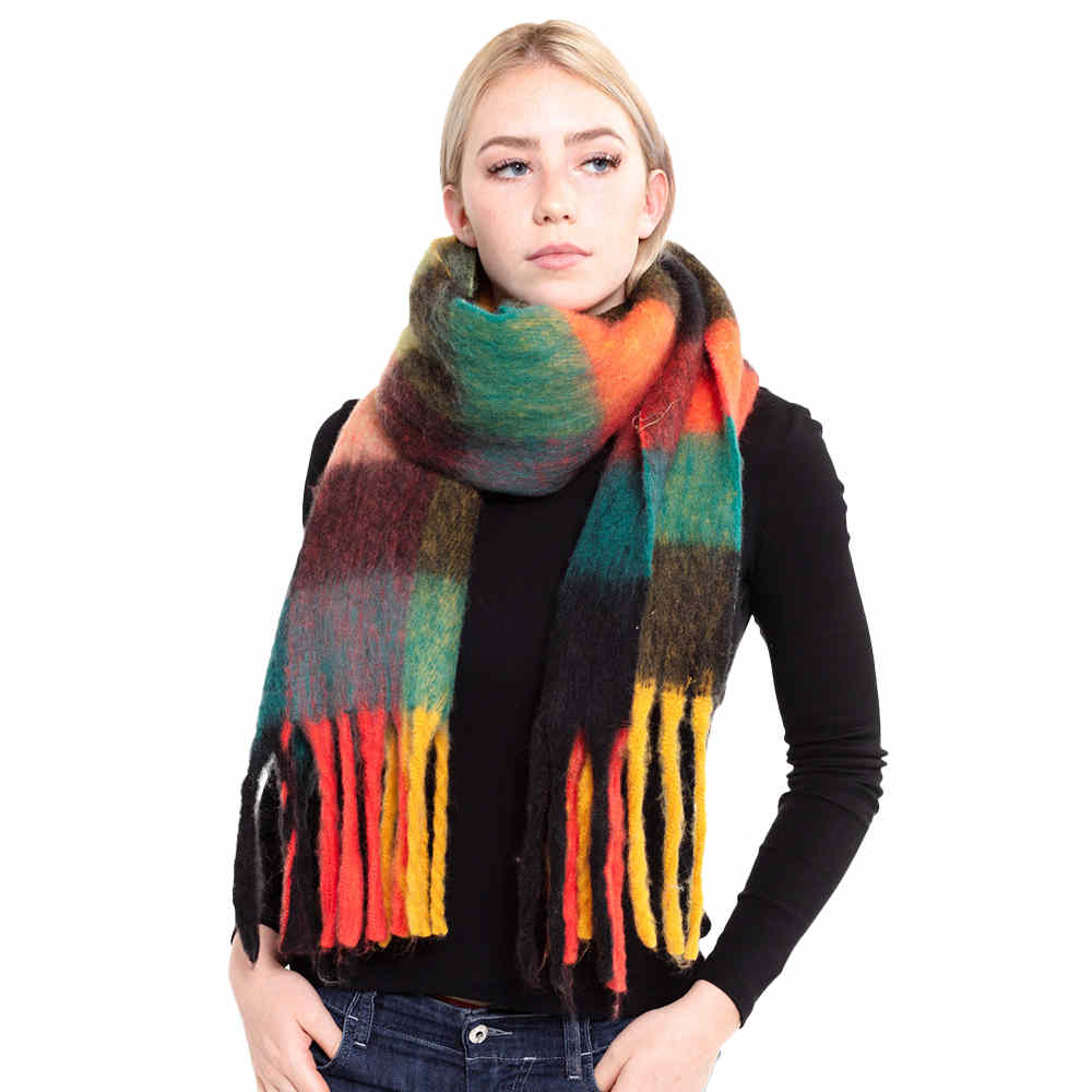 Multi Color Block Tassel Oblong Scarf
