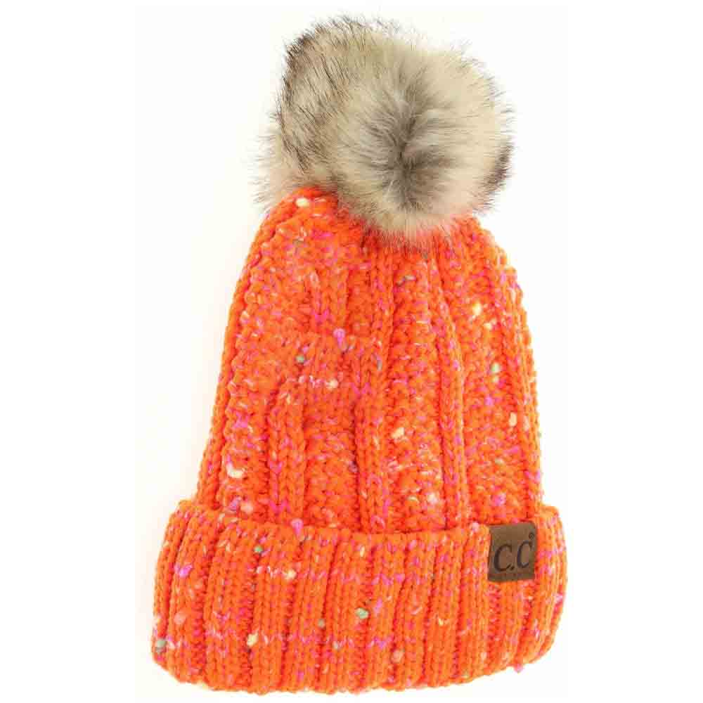 Fuzzy Lined Confetti Knit Fur Pom C.C Beanie