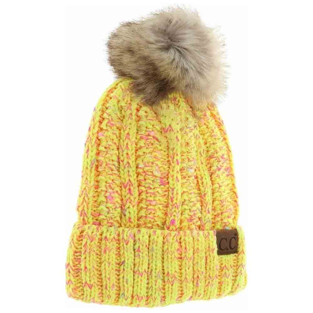 Fuzzy Lined Confetti Knit Fur Pom C.C Beanie