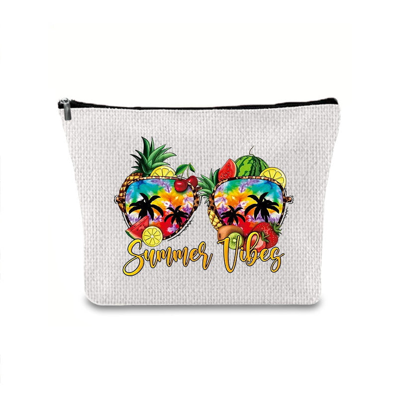 Linen printed cosmetic bag, cosmetic lipstick storage bag, small simple zipper evening clutch bag,