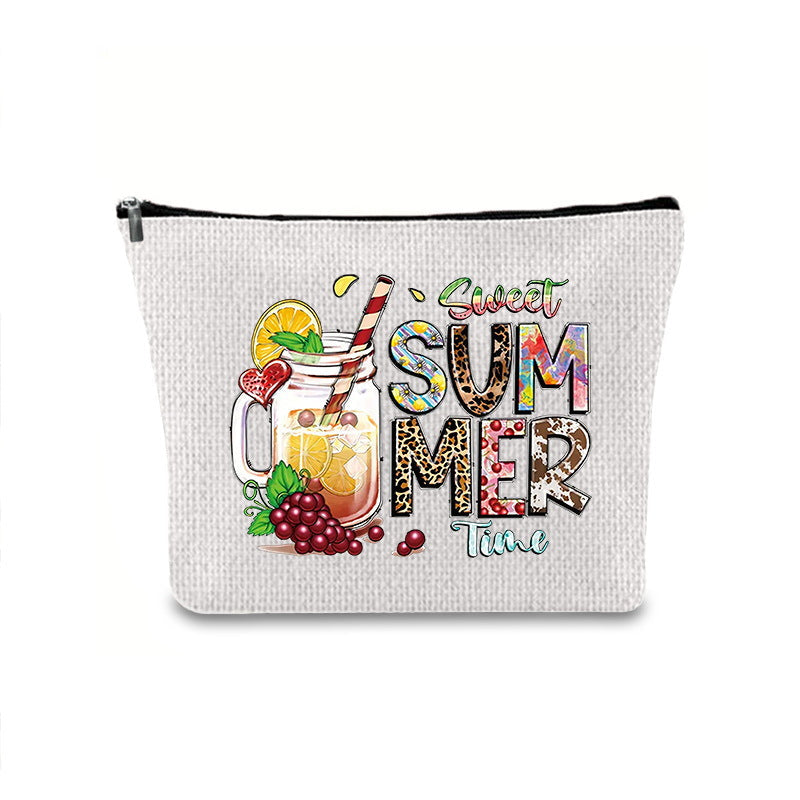 Linen printed cosmetic bag, cosmetic lipstick storage bag, small simple zipper evening clutch bag,