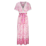 Women's Short Sleeve Lace Trim Tie-Waist Bohemian Dress Vacation Beach Dress Floral
