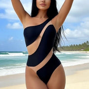 Sexy Tight Mesh Stitching Hollow Shoulder One-piece Women's Swimsuit Bikini