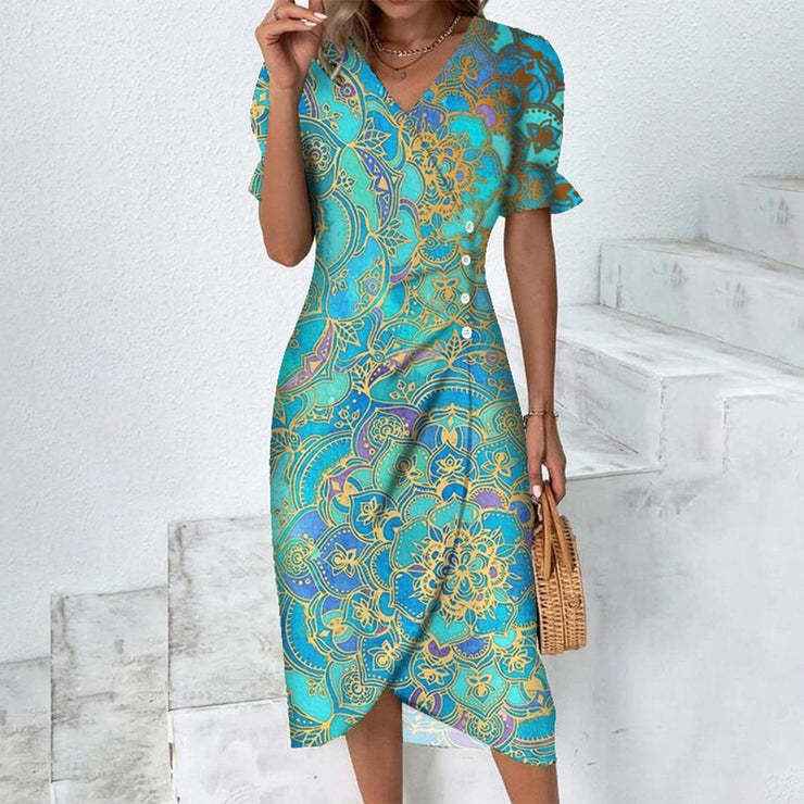 Slim-fit Women's Geometric Collage Bubble Sleeves Irregular hem Dress Sub Female Split Dress Summer Floral dress