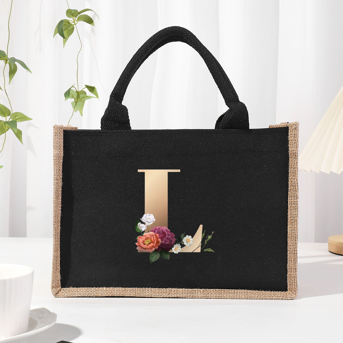 Cotton and linen canvas tote bag, printed letter tote bag, portable light handbag, gift shopping bag