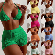 Women's Mesh Fabric Boxer Swimsuit Two-Piece Solid Color Bikini Sporty Style