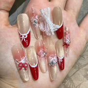 Christmas French tips autumn and winter white handmade wear nail cat eye manicure wear nail pure desire advanced sense fake nail patch