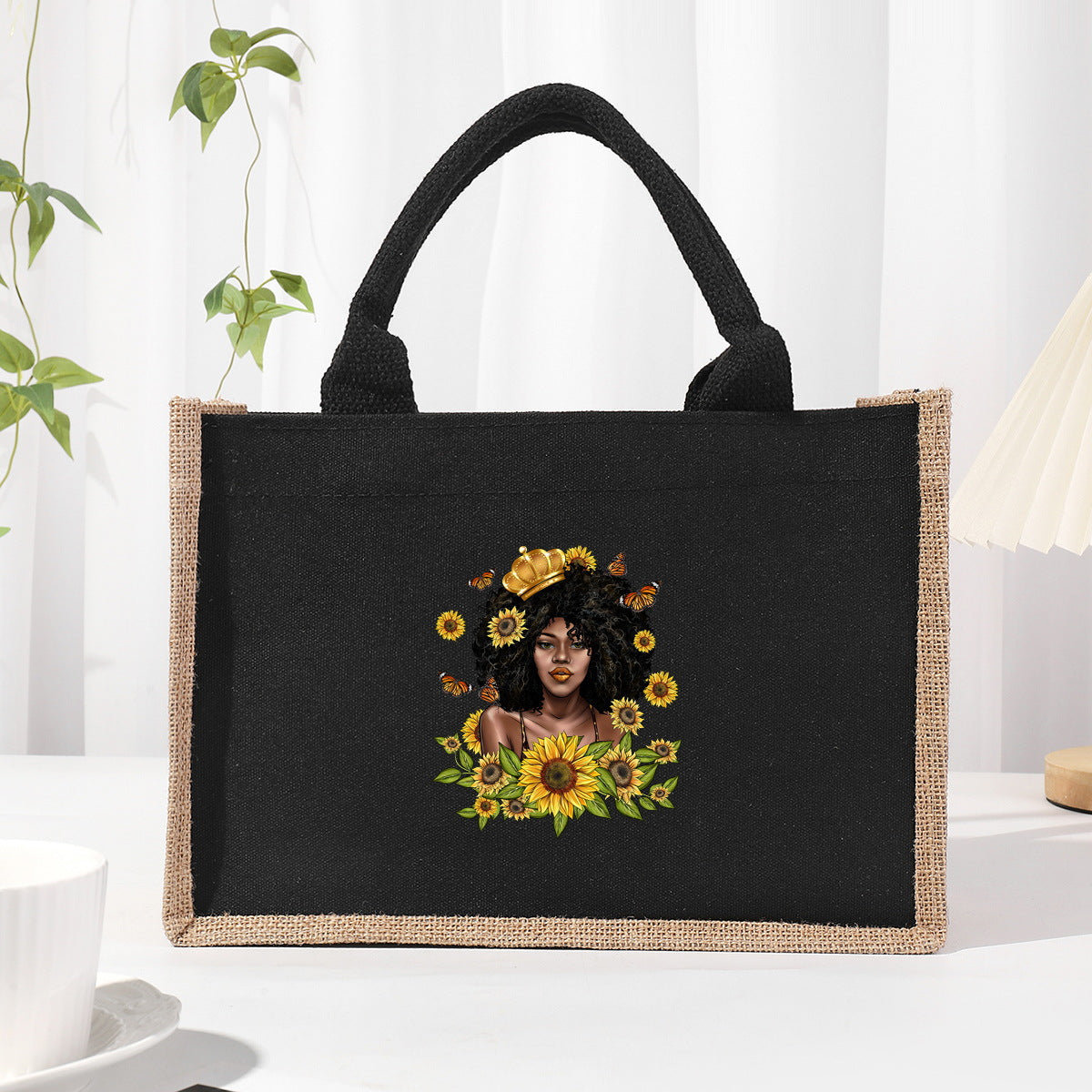 Cotton and linen canvas tote bag, printed letter tote bag, portable light handbag, gift shopping bag