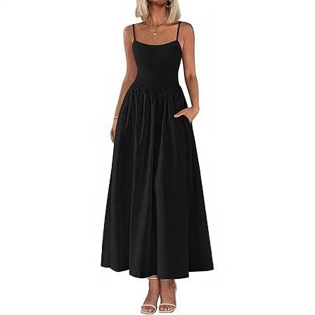 Women's Dress, Thin Shoulder Strap Pleated Vest, Suspender Pocket Dress