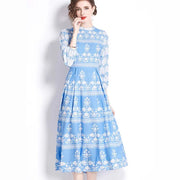 Vintage Blue Willow Print Mandarin Collar Dress - Lantern Sleeve Court Tie-Waist Flared Maxi Gown