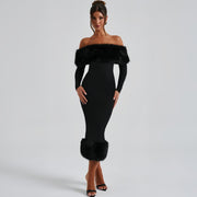 women's clothing autumn and winter fashion fur collar one-word collar long-sleeved temperament slim evening dress