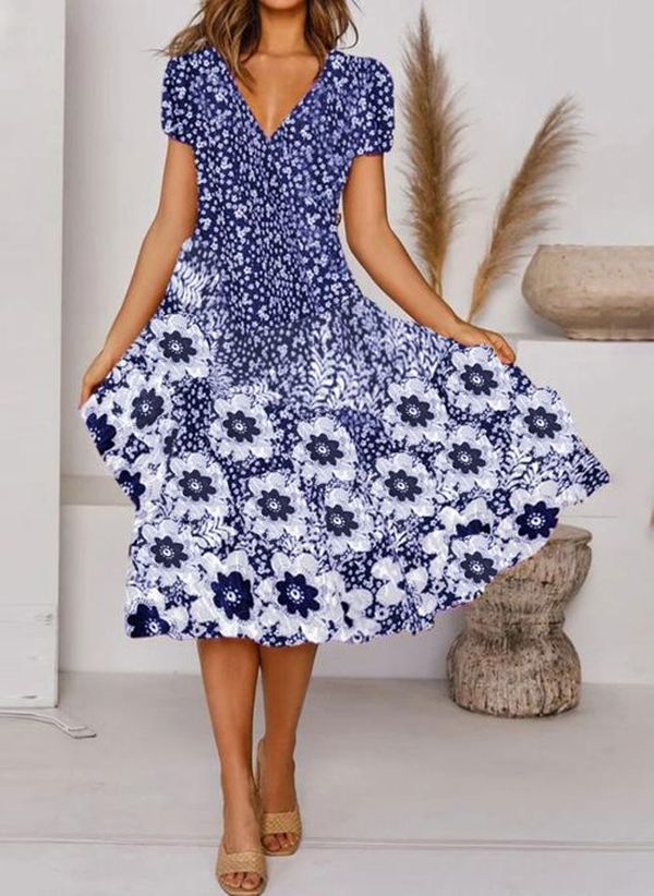 V Neck Bohemian Print Short Sleeve Dress - Flowy Casual Summer Dress with Elastic Waist