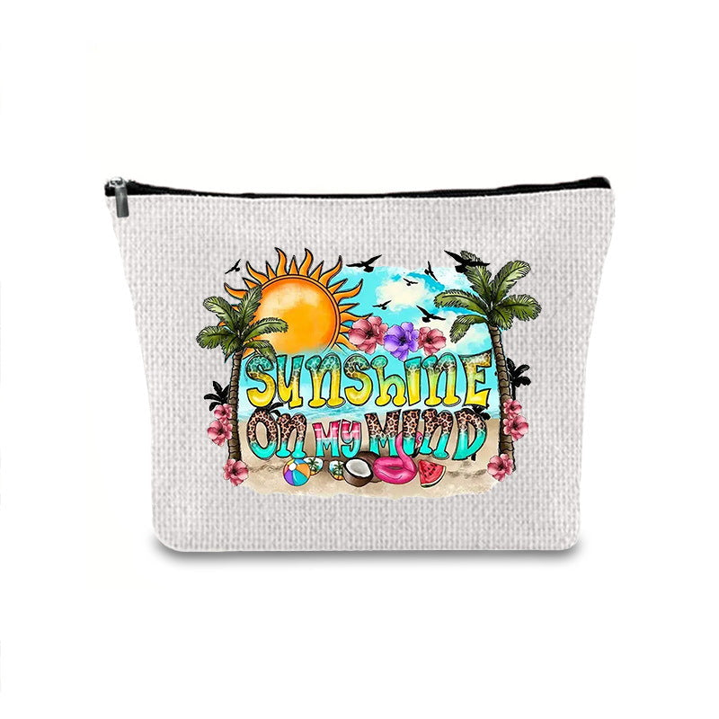 Linen printed cosmetic bag, cosmetic lipstick storage bag, small simple zipper evening clutch bag,