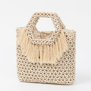 Beach Vacation Wooden Bead Bag – Handwoven Women's Travel Tote, Fringe Boho Handbag